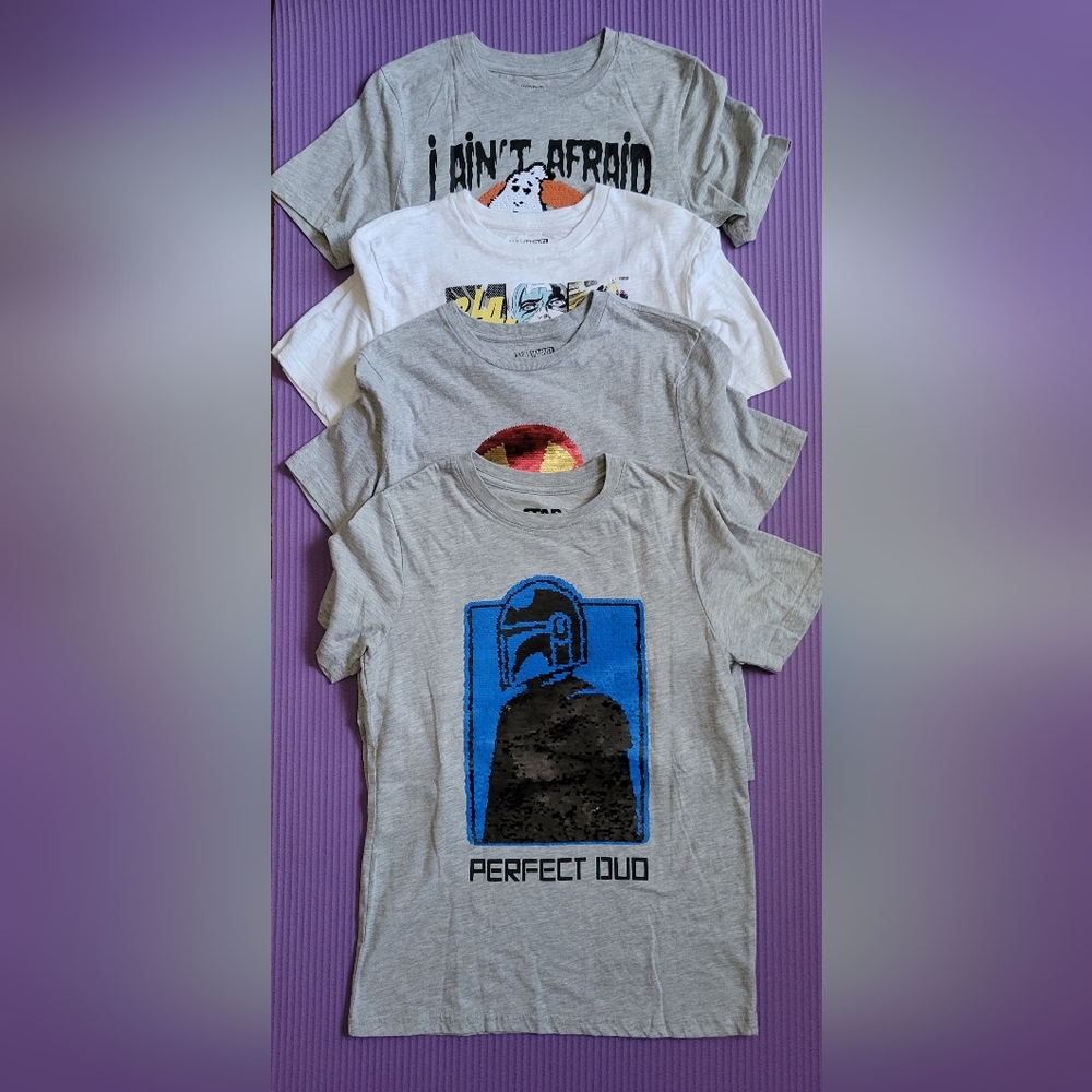 Lot of 4 Boys Flip Sequin Tshirts -Size Youth L- Marvel, Star Wars, Ghostbusters